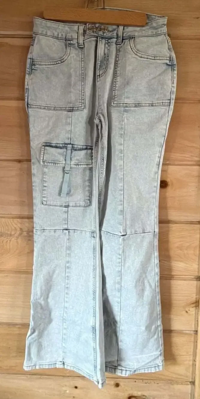 Justice Girls Light Wash Cargo Flare Jeans with Utility Pocket